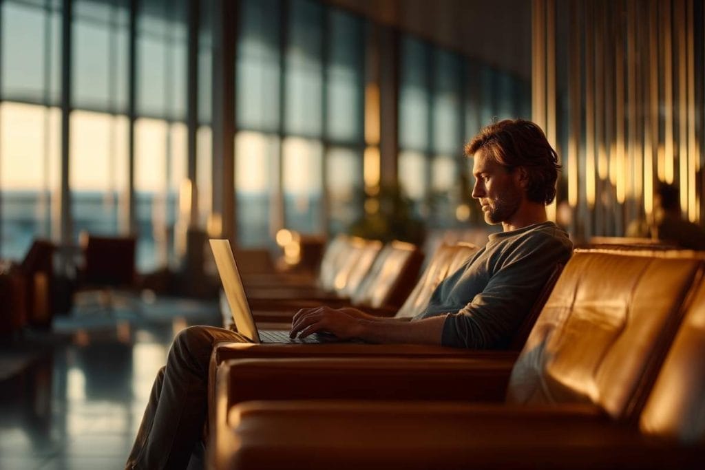 Traveler using VPN (NordVPN) securely on laptop in airport lounge