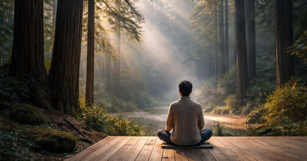 Guest meditating in silence at a secluded forest retreat in the United States for deep healing