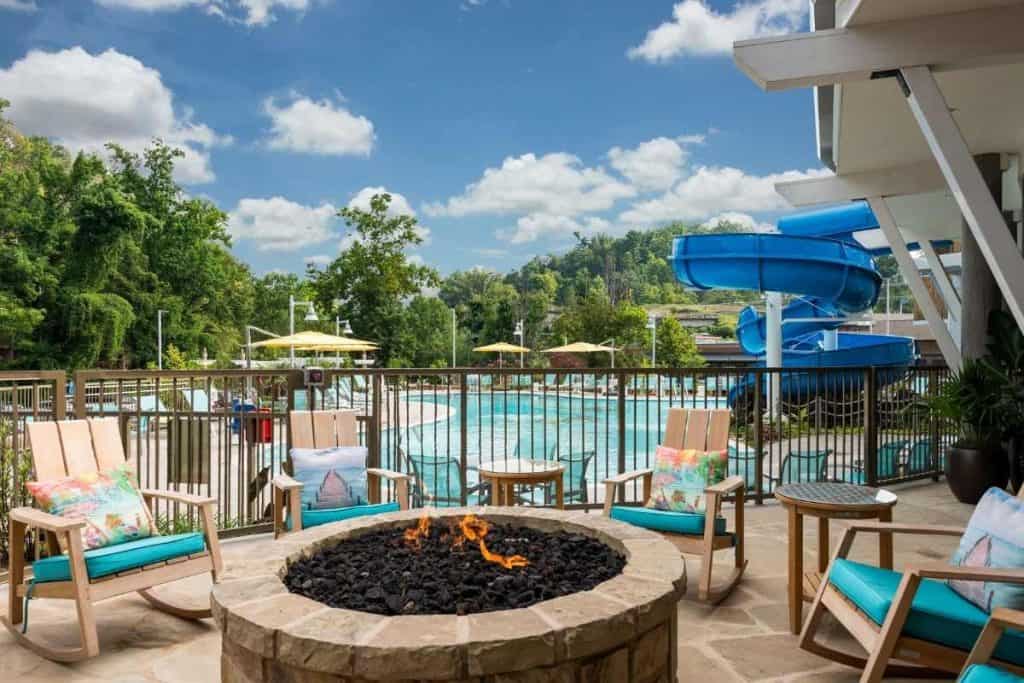 Property grounds of Margaritaville Resort Gatlinburg with landscaped outdoor areas and resort buildings