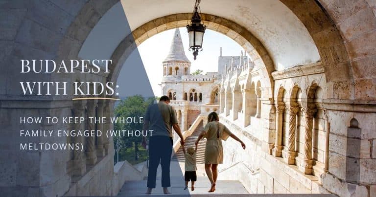 Parents playing with their toddler at Fisherman's Bastion in Budapest on a sunny day