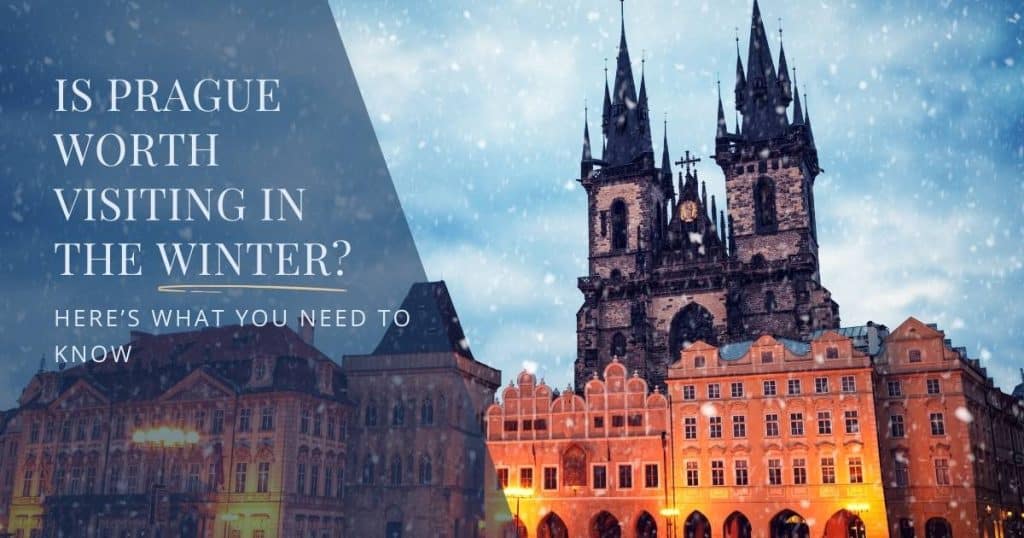 Prague landmark covered in snow during winter with historic architecture in the background