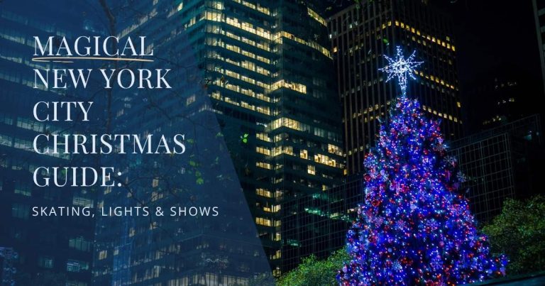 Decorated Christmas tree with glowing lights in New York market scene