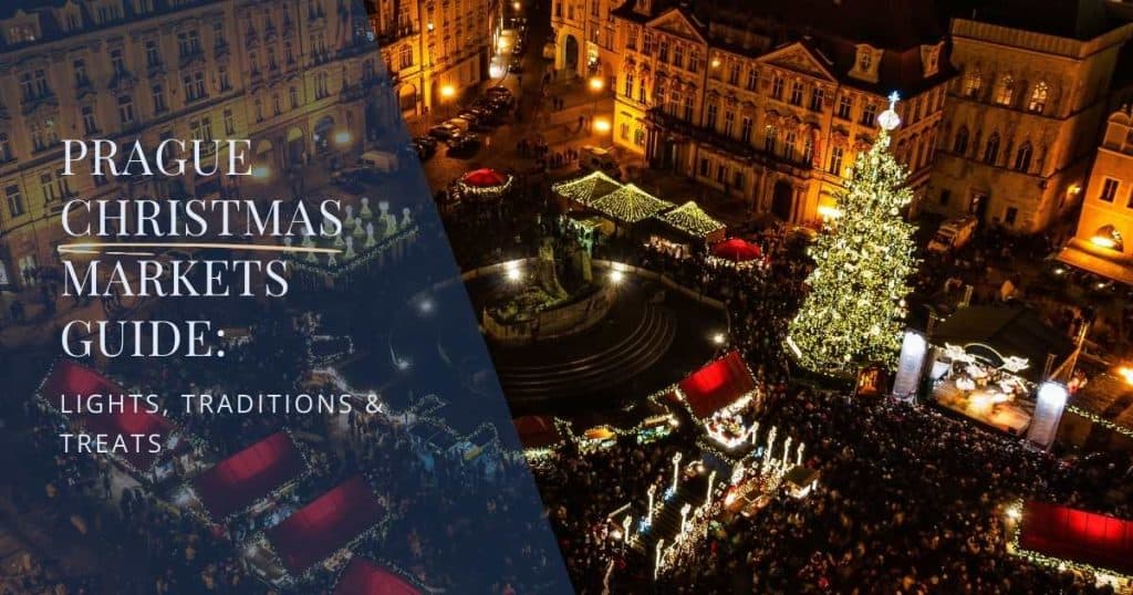 Christmas market at Prague’s Old Town Square with festive stalls, tree, and historic backdrop