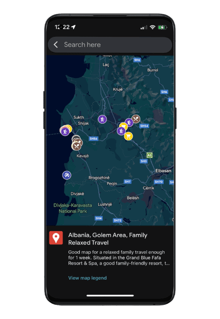 Albania Golem family relaxed travel map on smartphone display