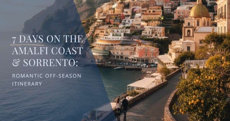 Scenic view of the Amalfi Coast and Sorrento in November – romantic cliffside town under golden light overlooking calm sea.