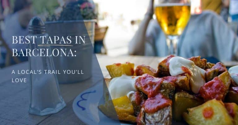 Locals enjoying traditional tapas and cava in a cozy Barcelona bar along the city’s tapas trail.