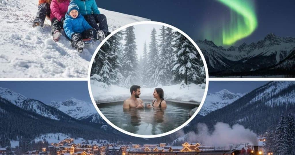 Collage of top U.S. winter experiences — mountains, northern lights, hot springs, and cozy small towns — representing the 50 best things to do in winter.