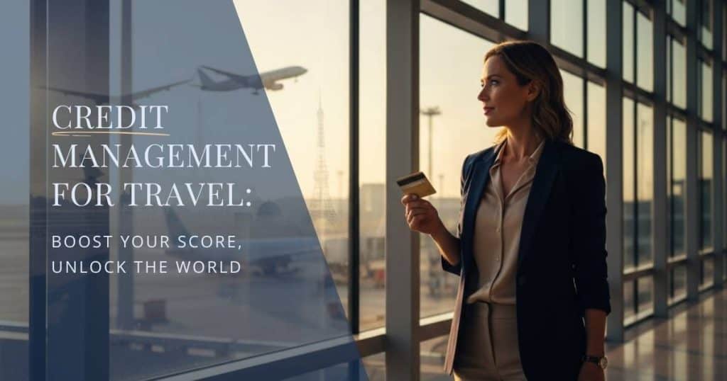 Traveler holding passport and credit card at sunrise in an airport terminal, symbolizing how good credit unlocks global travel opportunities.
