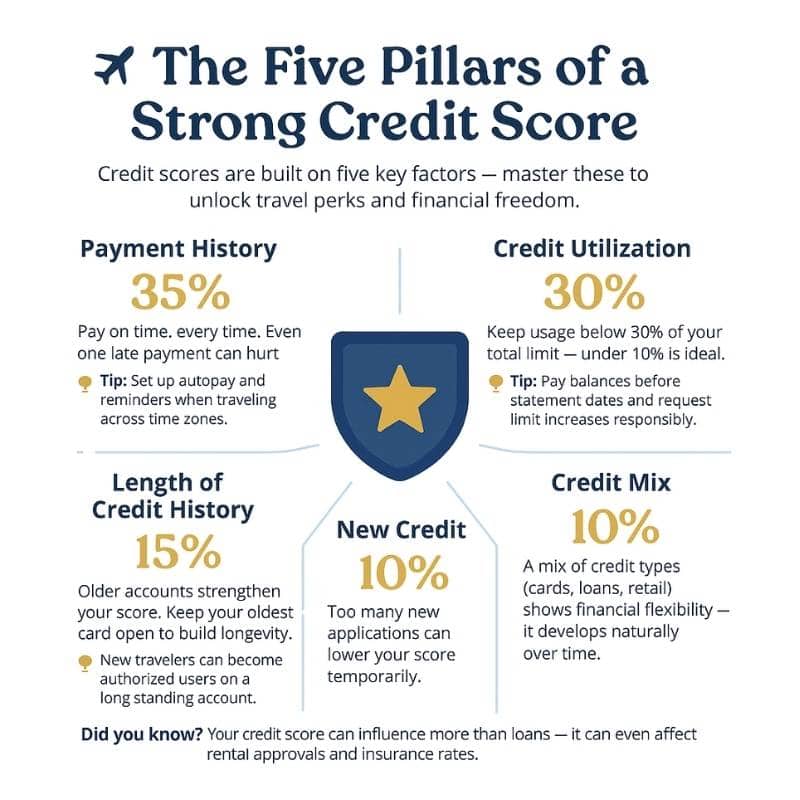Infographic illustrating the five pillars of a strong credit score — payment history, credit utilization, length of credit history, new credit, and credit mix — with percentages, tips, and a central shield icon.
