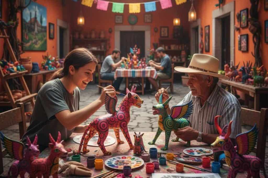 Vibrant Oaxaca street market with traditional crafts and mole dishes, cultural Mexico journey by Gaia Gazer.