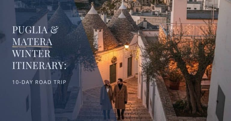 Couple exploring trulli and cave dwellings in Puglia and Matera during winter.