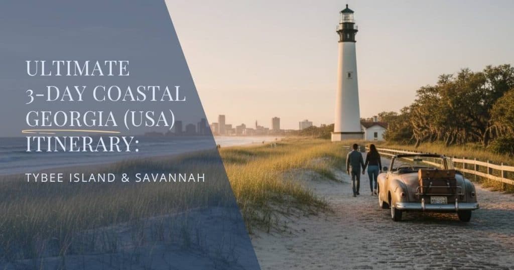 Golden-hour view of Tybee Island Lighthouse and Georgia coast with a couple walking toward the beach, oak trees with Spanish moss in the distance, representing a romantic 3-day Savannah and Tybee itinerary.