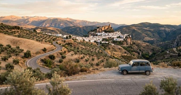 Soft golden light over an Andalusian hillside road with a parked car, white village on a cliff, olive groves, and distant Sierra Nevada peaks.