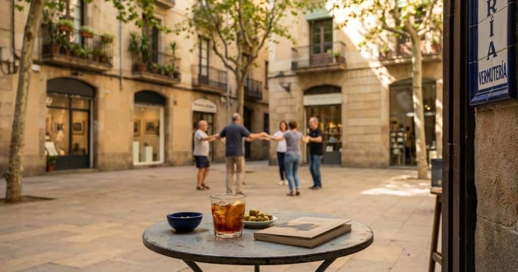 Barcelona El Born scene with a vermut glass, olives, and booklet on an outdoor table, with a small Sardana circle practicing in a shaded plaza.