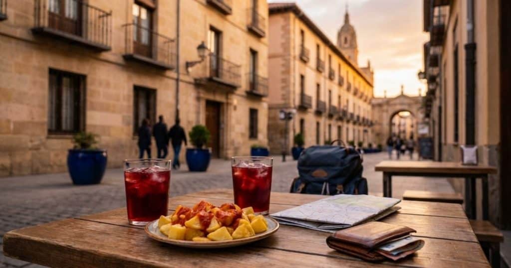 Outdoor café table with two tinto de verano glasses, patatas bravas, map, and wallet, set against soft Mediterranean street façades at sunset.