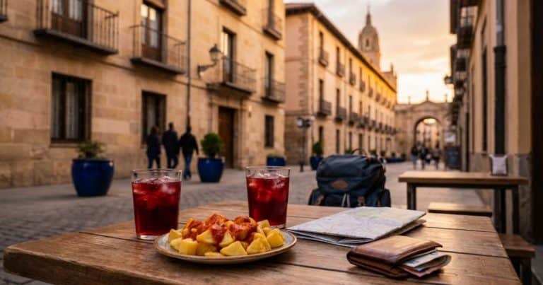 Outdoor café table with two tinto de verano glasses, patatas bravas, map, and wallet, set against soft Mediterranean street façades at sunset.