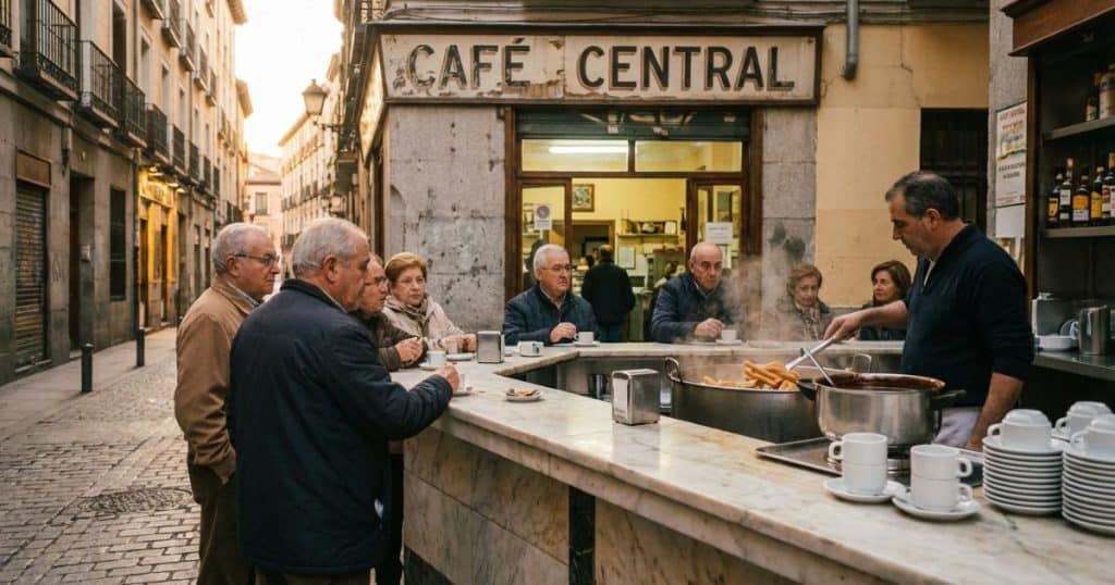 Early morning café in Madrid with fresh churros and hot chocolate on a marble counter, capturing traditional local food culture.