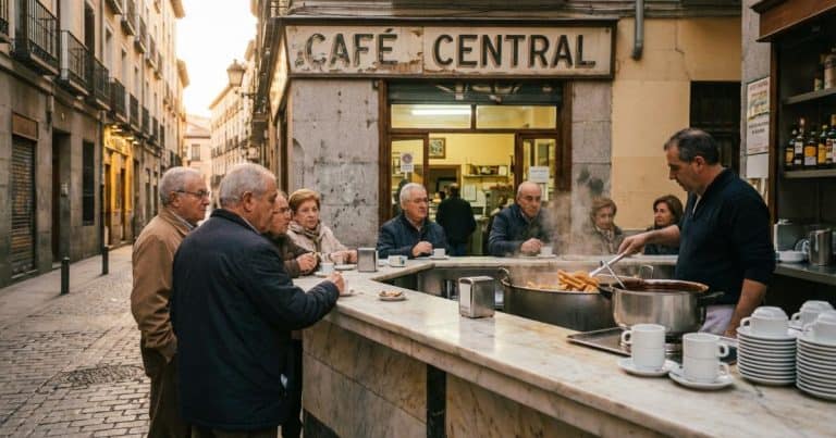 Early morning café in Madrid with fresh churros and hot chocolate on a marble counter, capturing traditional local food culture.