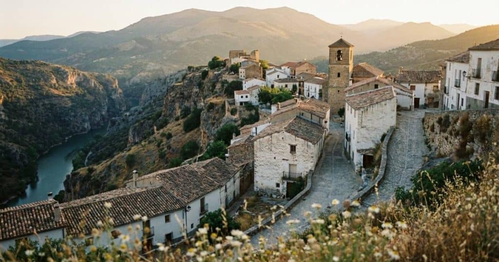 Whitewashed Spanish village overlooking a dramatic gorge at golden hour, showcasing the timeless beauty of one of the most beautiful villages in Spain.