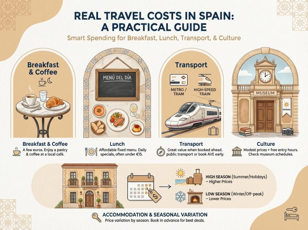Infographic showing typical travel costs in Spain, including food prices, public transport, museums, and accommodation, designed as a quick budget reality check for travelers.