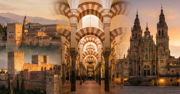 Golden-hour view of Spain’s UNESCO World Heritage Sites, featuring the Alhambra in Granada, the Mezquita-Cathedral in Córdoba, and Santiago de Compostela Cathedral.