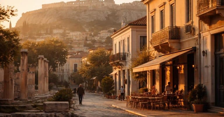 Early morning view of Athens with ancient ruins, quiet streets, and local cafés beneath the Acropolis, showing the city’s history and everyday life.