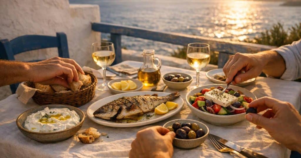 Shared Greek dishes on a seaside taverna table in Greece, showing traditional food travelers can expect when ordering authentic Greek meals