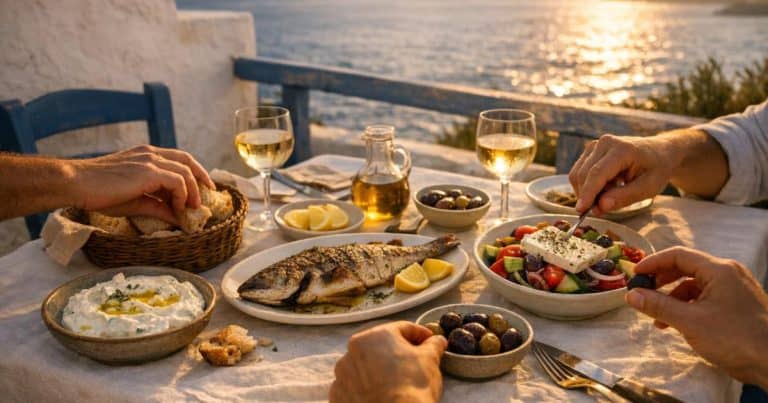 Shared Greek dishes on a seaside taverna table in Greece, showing traditional food travelers can expect when ordering authentic Greek meals