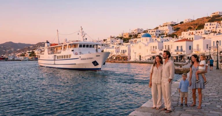 Cinematic view of a Greek island harbor at sunset with a ferry departing and travelers watching calmly, illustrating how Greek island hopping works for beginners.