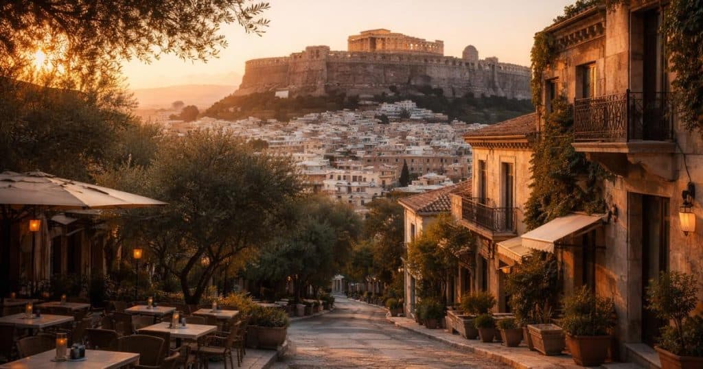 Golden hour view of Athens with the Acropolis overlooking quiet city streets and cafés, capturing the balance between ancient history and modern life.