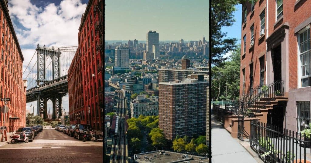 Collage of DUMBO, Williamsburg, and Brooklyn Heights in Brooklyn, featuring the Manhattan Bridge view, city skyline, and classic brownstone townhouses