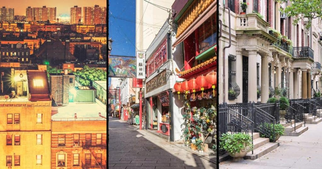 Collage of Harlem, Chinatown, and the Upper West Side in Manhattan, featuring brownstone rooftops, lantern-lined streets, and classic residential townhouses