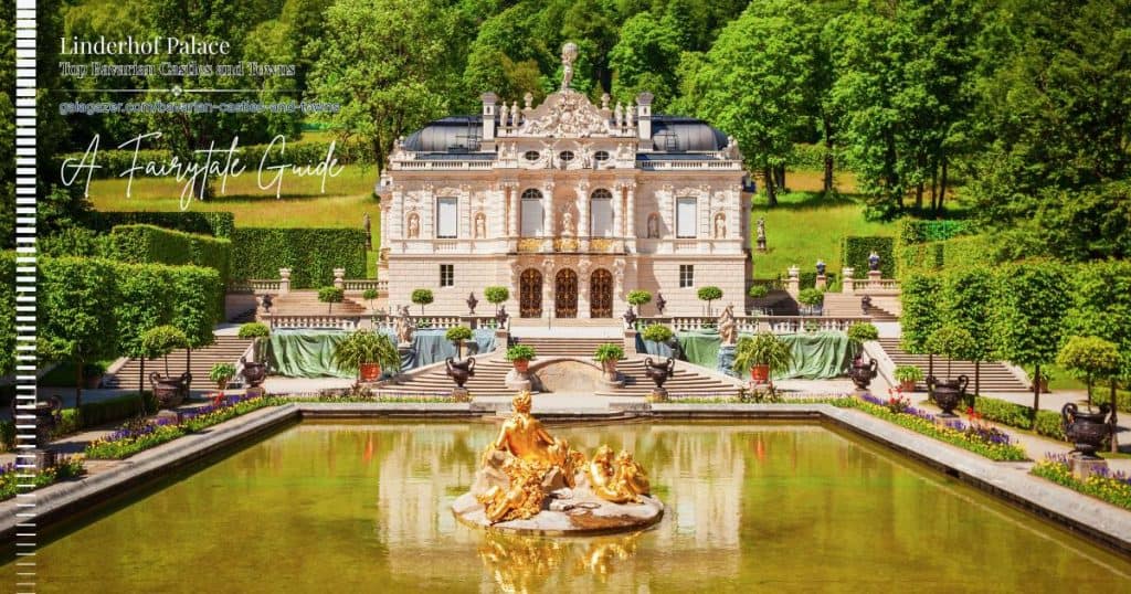 inderhof Palace in Bavaria with formal gardens and a fountain in front