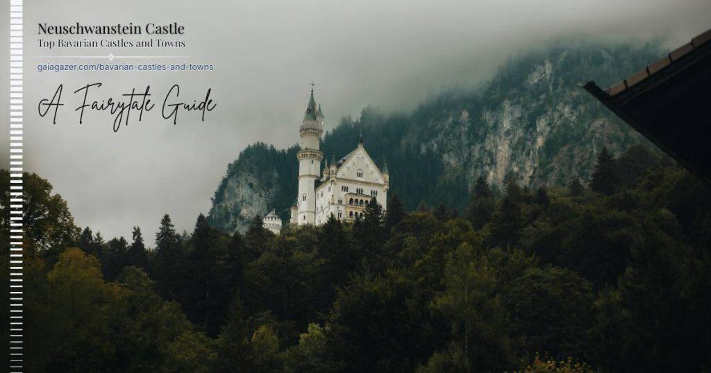 Neuschwanstein Castle in Bavaria, Germany, rising above forested mountains
