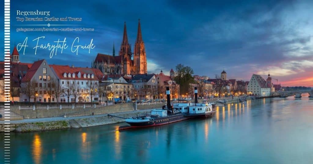 Regensburg Old Town along the Danube River with the cathedral skyline at sunset