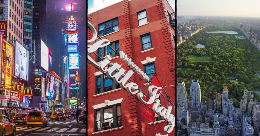 Collage of Times Square, Little Italy, and Central Park in Manhattan, featuring neon billboards, Mulberry Street signage, and an aerial view of the park skyline