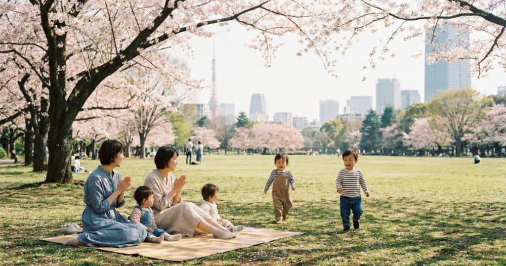 Family relaxing in a spacious Tokyo park with children playing on green grass beneath cherry blossom trees, offering a calm break from city sightseeing.