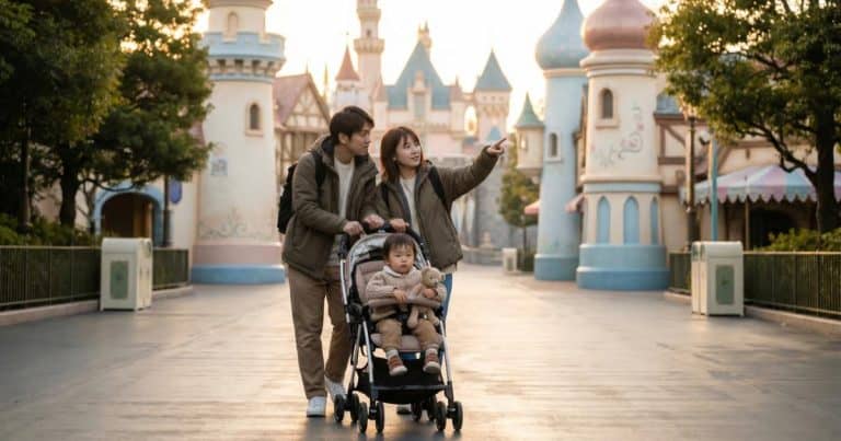 A young family with a toddler in a stroller walking through a calm Tokyo theme park in the morning, highlighting a relaxed, family-friendly visit.