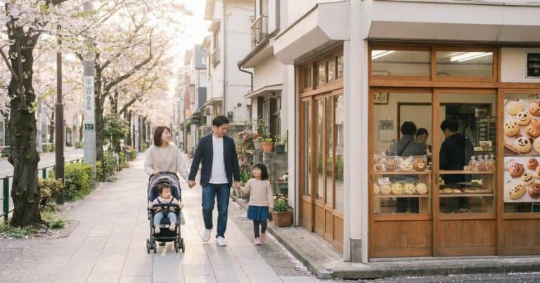 A young family walking together on a quiet Tokyo residential street in the morning, with small children pointing at a local bakery, creating a calm and family-friendly travel moment.