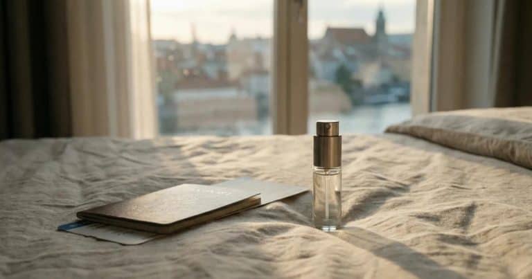 Travel size perfume spray beside passport and boarding pass on a sunlit hotel bed during golden hour