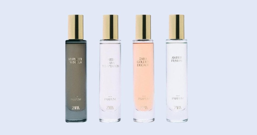 Zara mini fragrance collection travel size perfumes on light blue background