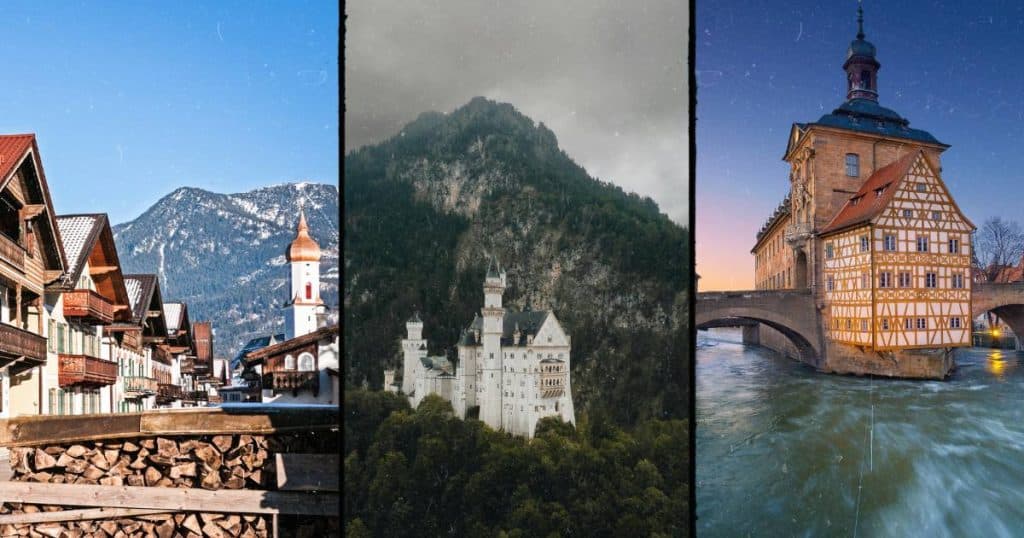 Collage of Bavarian castles and towns including Neuschwanstein Castle, Bamberg Old Town Hall, and an alpine village in Garmisch-Partenkirchen